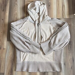 We The Free Cream Half-Zip Hoodie Sweater with Textured Balloon Sleeves